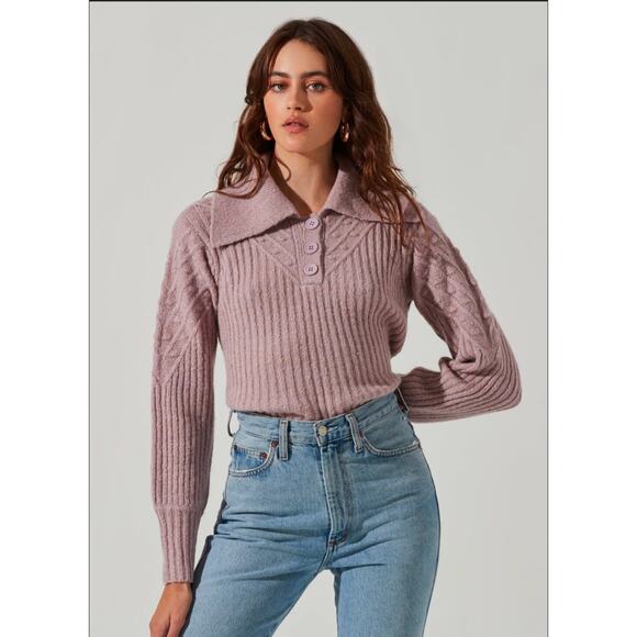 Womens Astr The Label Wool Blend Button Polo Collared Sweater Lilac Lavender S - Picture 1 of 5